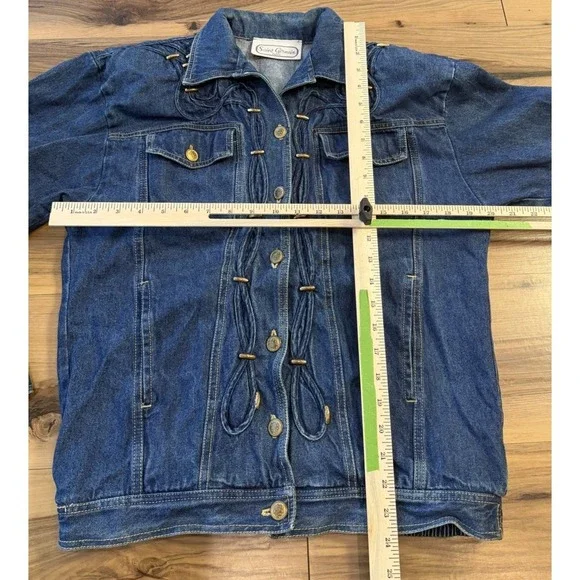 Vintage 80s Denim Jacket Rope Trim Gold Buttons Oversized Western - Picture 5 of 12